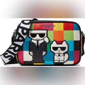 Karl Lagerfeld Red and Blue Messenger Bag Geometric Design